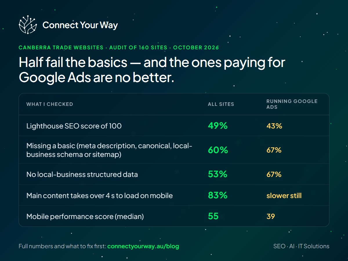 Audit summary: of 160 Canberra trade websites, 49% score Lighthouse SEO 100, 60% miss a basic, 53% have no local-business structured data, 83% load main content in over 4 s on mobile; the sites running Google Ads score worse