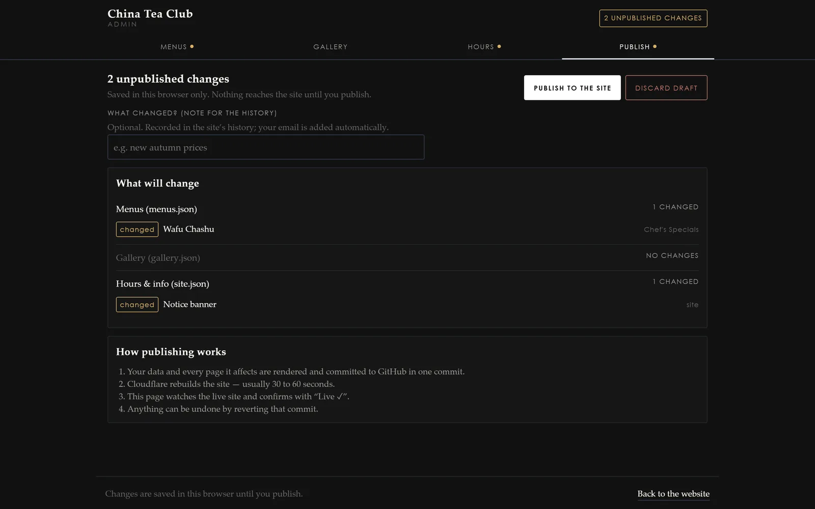The publish screen listing the pending edits — three menu price changes and one hours change — with the publisher's name, a timestamp, and a rollback control beside the previous published version.