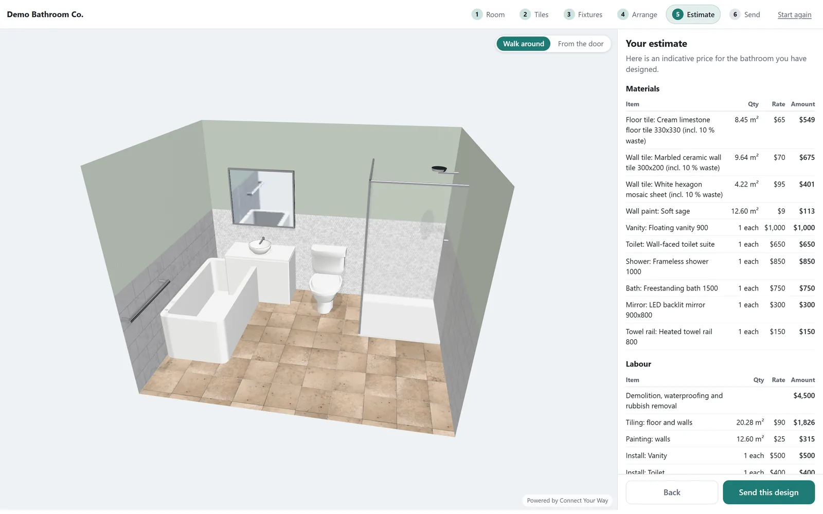 The bathroom designer at its Estimate step: a 3D bathroom with sage walls, a bath, vanity, toilet and shower seen in the walk-around view, beside a Your estimate panel itemising floor and wall tiles, paint, each fixture and the labour lines, above a Send this design button.
