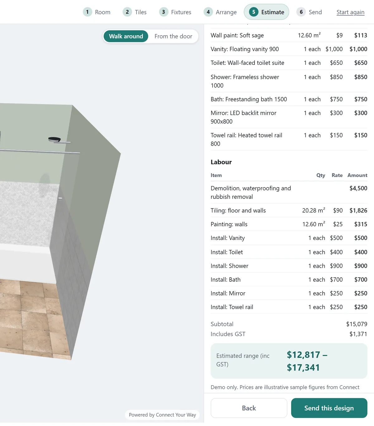 The bottom of the estimate panel: labour lines for demolition and waterproofing, tiling, painting and each installation, then a subtotal of $15,079 with $1,371 of that marked as GST, and a highlighted Estimated range including GST of $12,817 to $17,341 above a line noting the prices are illustrative demo figures.