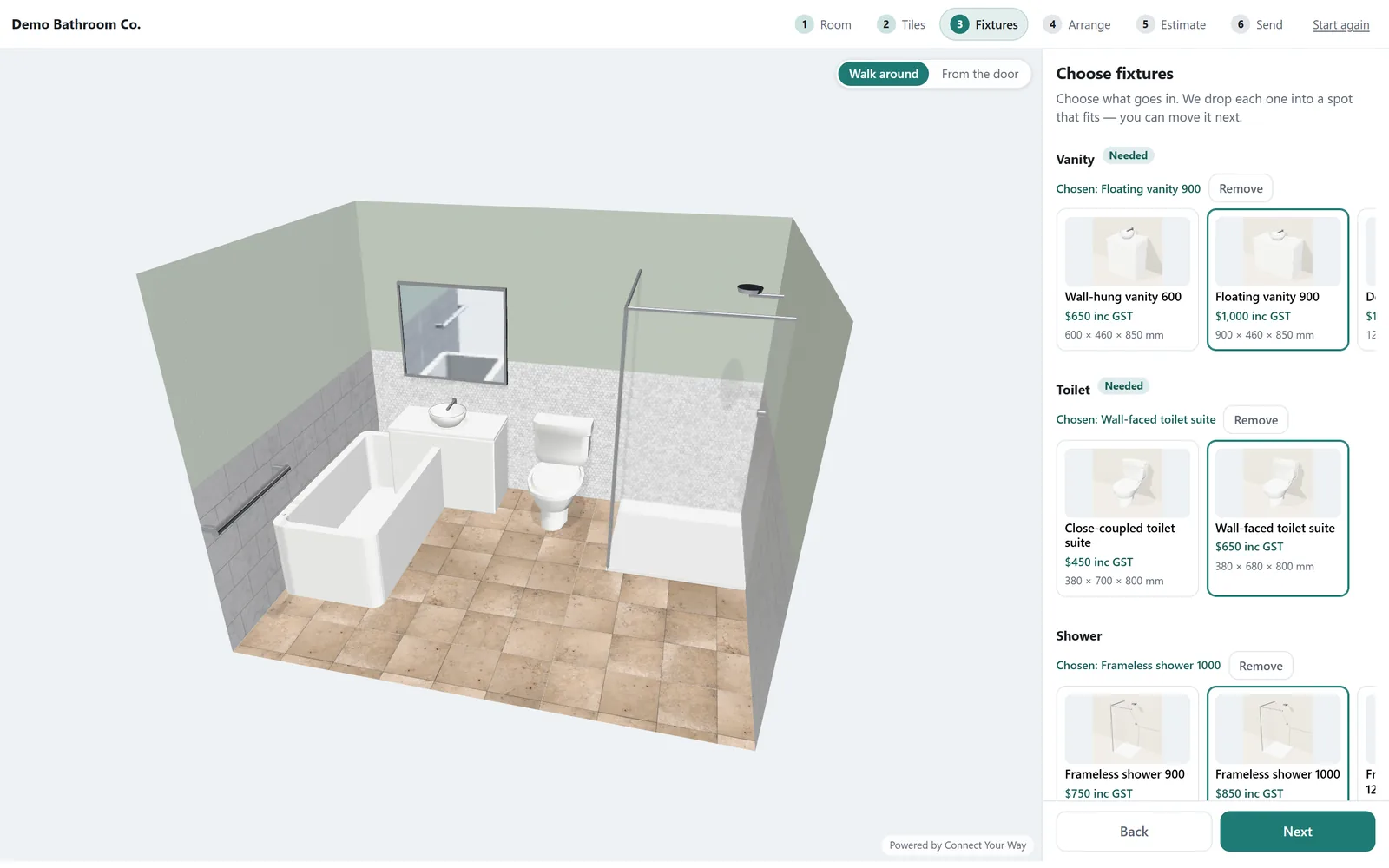 The designer on a PC at the Choose fixtures step: the 3D bathroom fills the left of the screen while a panel on the right lists vanities, toilets and showers as pickable cards with their prices and dimensions.