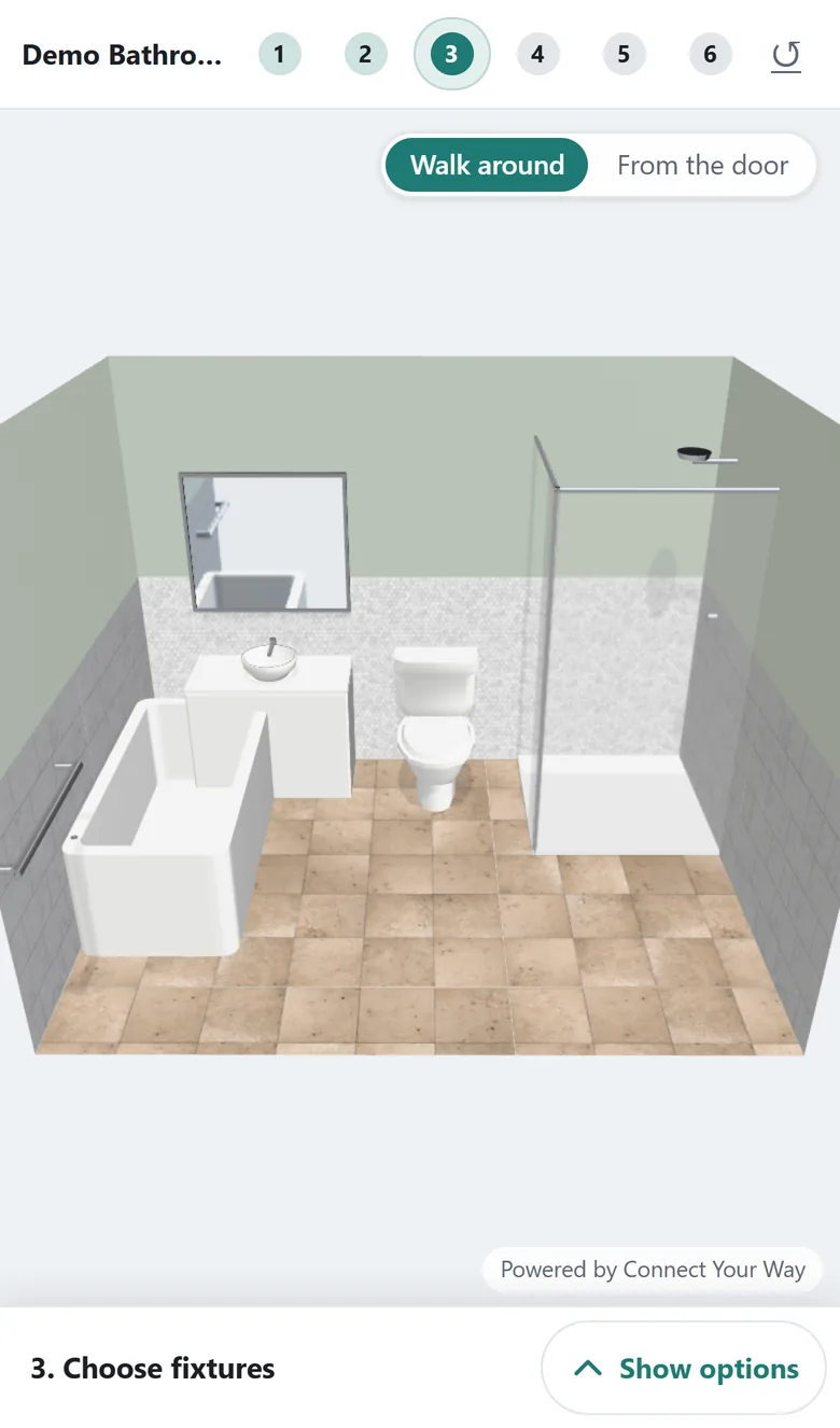 The same Choose fixtures step on a phone: the numbered step dots run across the top, the 3D bathroom fills the screen, and the choices are folded into a Show options sheet pinned along the bottom edge.